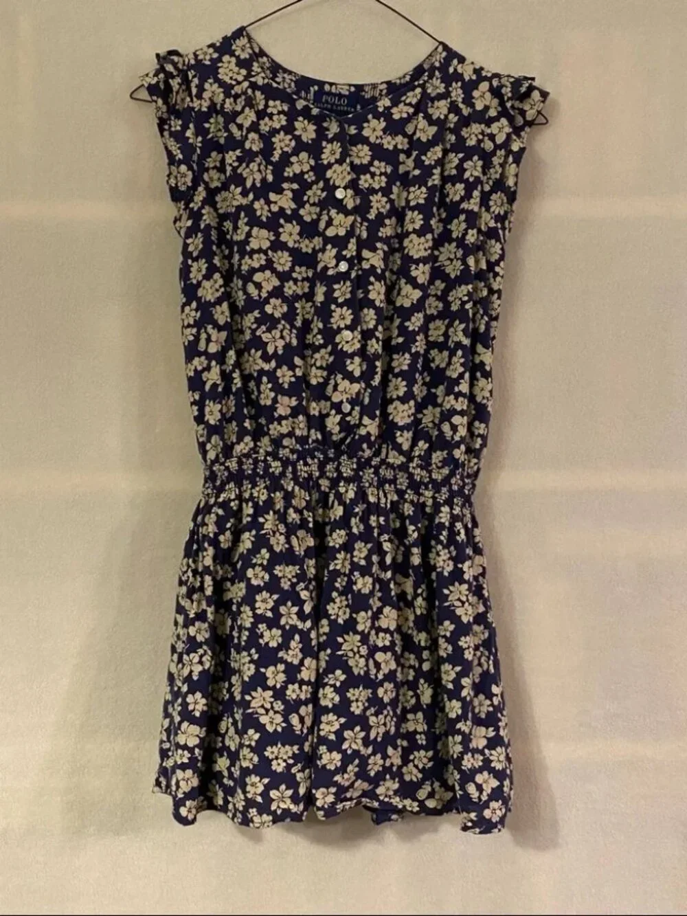 Polo Ralph Lauren indigo blue tan floral button down elastic waist dress